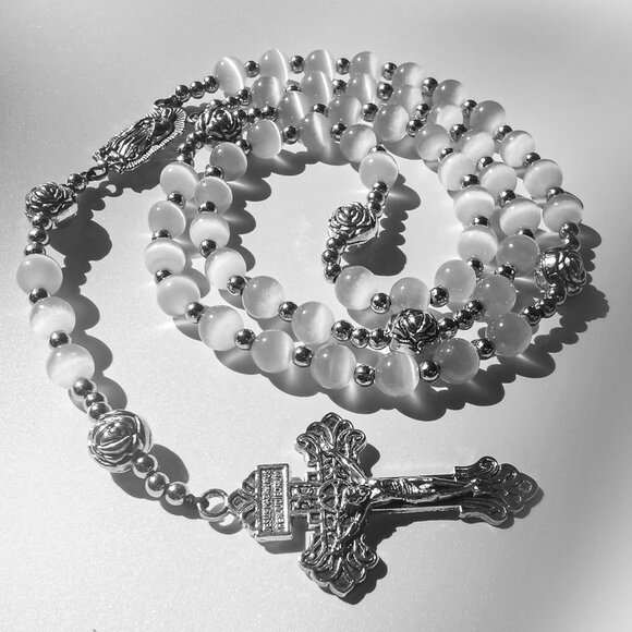 Catholic Rosary Necklace Women Men White Stone Stainless Steel Beads Cross - Picture 3 of 6